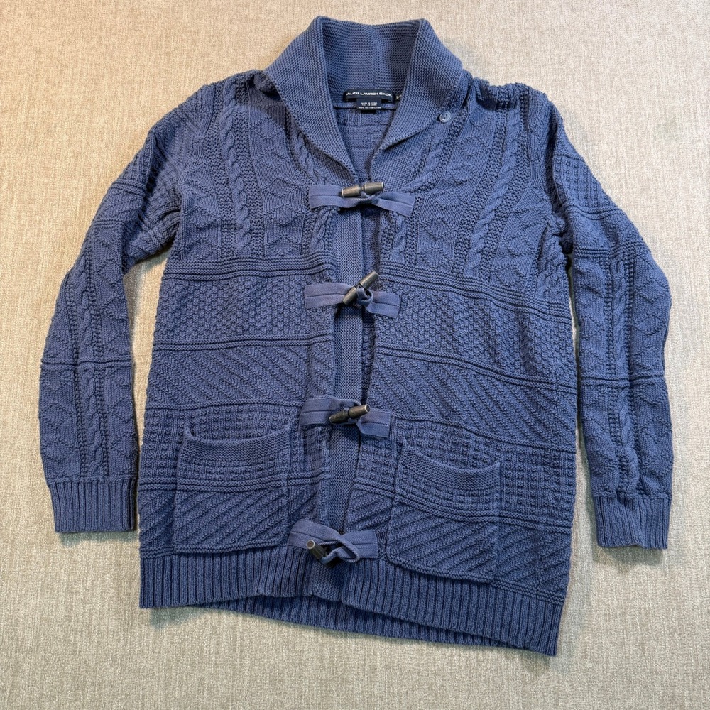 Ralph Lauren Sport Navy Cable Knit Toggle Shawl Cardigan Sweater Anchor L